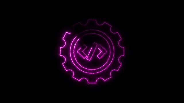 Neon purple programming code symbols inside gearwheel technology animation for coding and development concepts