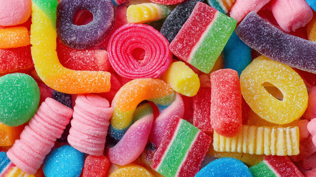 Assorted colorful gummy and jelly candies background, sweet sugary snack texture with vibrant confectionery assortment.