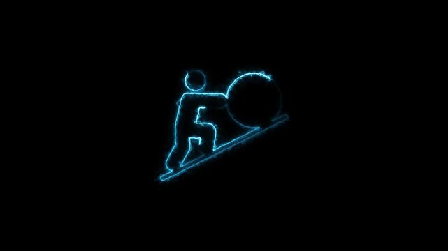 Man pushing a large heavy stone up a hill sisyphus myth concept symbolizing struggle perseverance infinite task neon blue glow lines