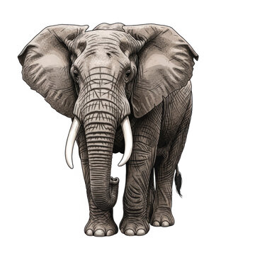 Majestic gray elephant standing front-facing with prominent tusks, textured skin, and calm presence in a monochrome portrait.