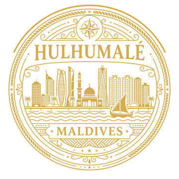 Hulhumale Maldives city skyline travel emblem with gold line art vector illustration