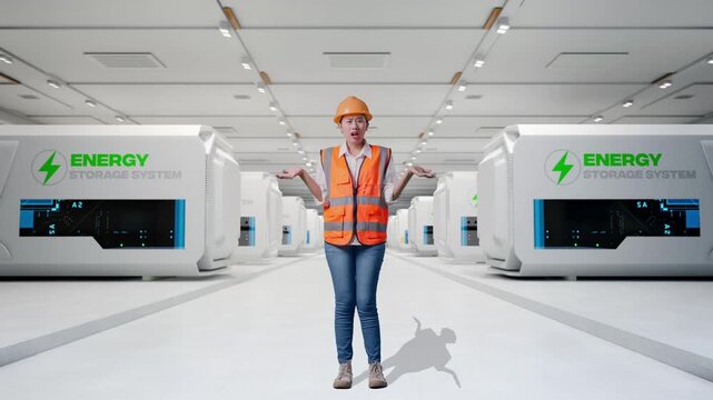 Full Body Of Wondering Asian Female Engineer With Safety Helmet Saying Why Working Doubtfully at Modular Energy Storage Systems in a Clean Modern Data Center