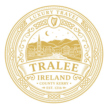 Luxury gold Tralee Ireland travel seal with Celtic knots and landscape vector illustration
