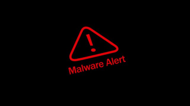 Animated malware warning alert sign with glowing red exclamation mark symbol on a dark background, for cybersecurity, digital, software error notifications, technical glitch concepts, and it security