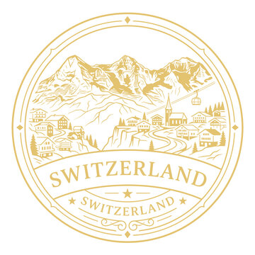 Switzerland alpine village and mountains vintage emblem in gold line art vector illustration