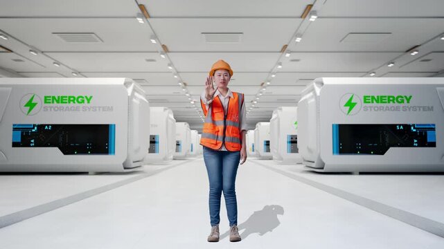 Full Body Of Asian Female Engineer With Safety Helmet Disapproving With No Hand Sign While Standing at Modular Energy Storage Systems in a Clean Modern Data Center