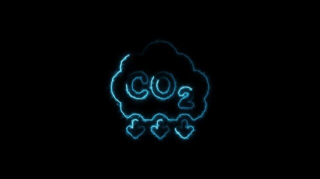 Neon blue c o2 emission cloud animation with downwards arrow symbolizing carbon dioxide reduction and environmental awareness concept