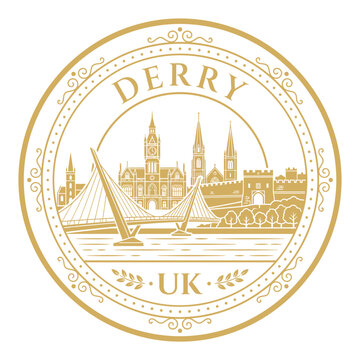 Derry Northern Ireland city skyline gold circular stamp vector illustration