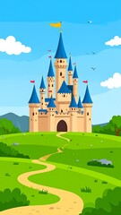 Naklejka premium Cartoon castle on a sunny day with green hills and blue sky