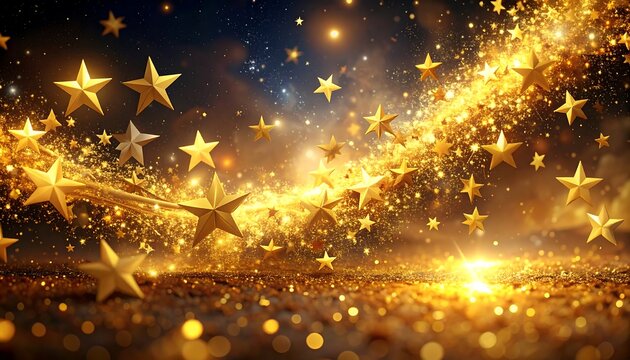 Golden stars raining down with glistening particles creating a dazzling spectacle against a dark cosmic background