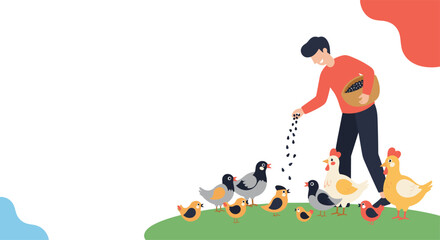 Fototapeta premium Male farmer scattering grain seeds to feed group of chickens and pigeons on green grassy field against white background.