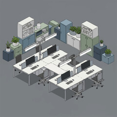 Fototapeta premium Modern office workspace with computers and furniture.