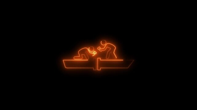 Neon glowing silhouette of artisan craftsman working on wooden surface with hammer and chisel in dark atmosphere