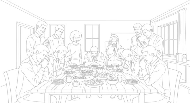 A group of people gathered around a dining table, bowing their heads in prayer before a meal.