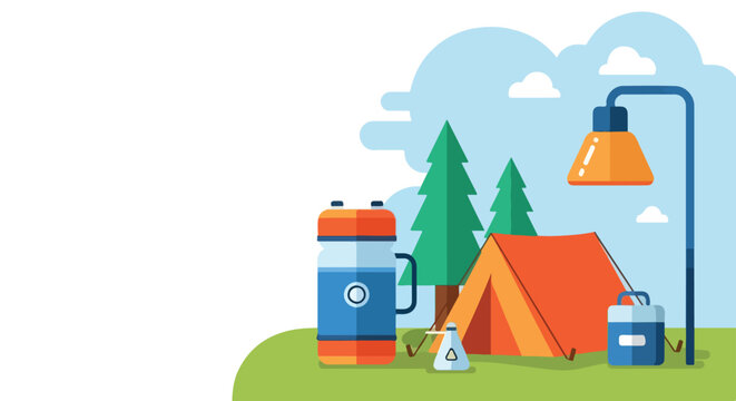 A vibrant flat vector illustration depicts a cozy campsite with an orange tent, camping gear, and pine trees under a clear blue sky.
