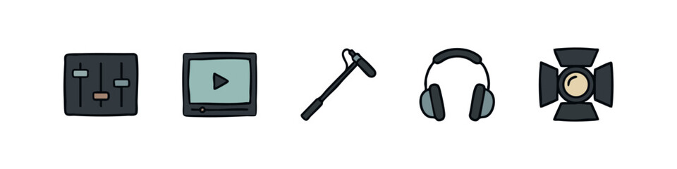 Media studio and recording icons featuring audio mixer, monitor screen, boom mic, headphones and studio light. © liubomir118809