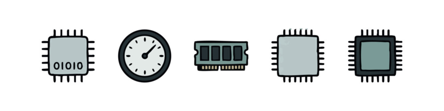 Five hand-drawn icons: microchip with binary code, clock, RAM stick, and computer chips.