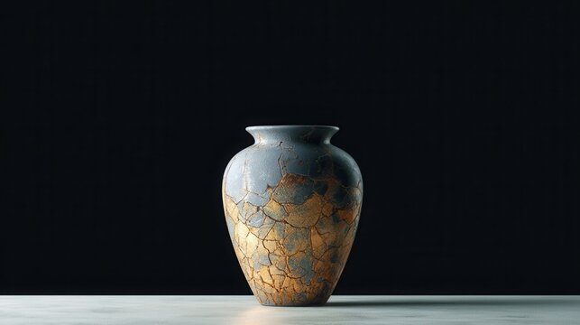 Kintsugi vase on a table against a dark background
