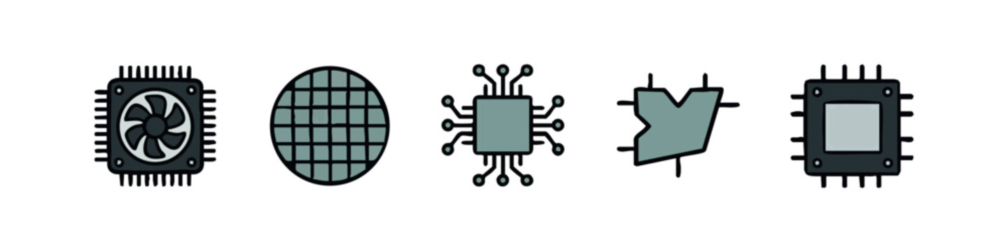 Five hand-drawn icons of computer hardware: CPU cooler, wafer, processor, connector, and chip.
