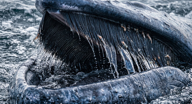 An extreme macro photograph focusing on the edge of a Blue Whale&rsquo;s mouth as it feeds near the surface. The shot captures the thick, black, hair-like baleen plates 