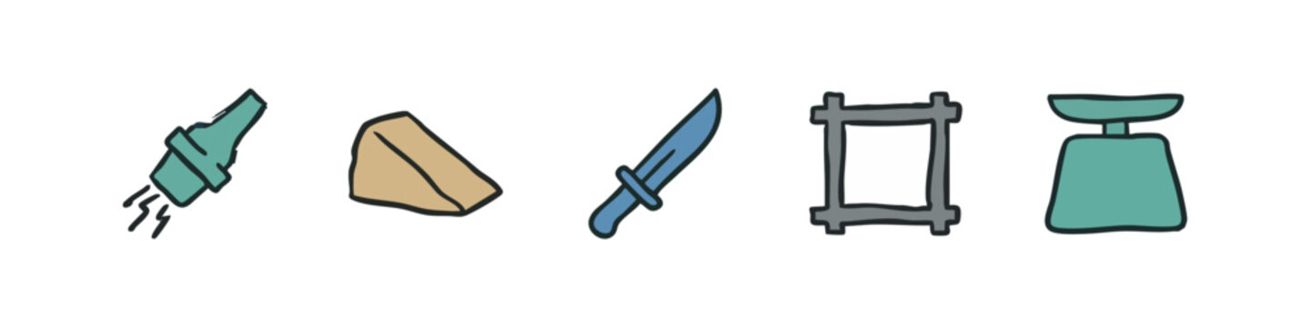 Five hand-drawn icons: bottle, cheese wedge, knife, square frame, and scale.