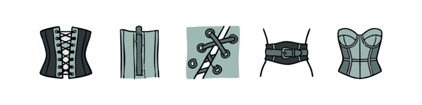 Five hand-drawn icons of corsetry and related items: corset, boning, lacing, belt, and bustier.