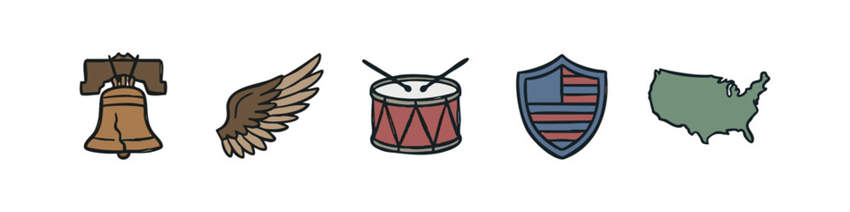 American Patriotic Symbols Set with Liberty Bell Eagle Wing Drum Shield and USA Map © liubomir118809