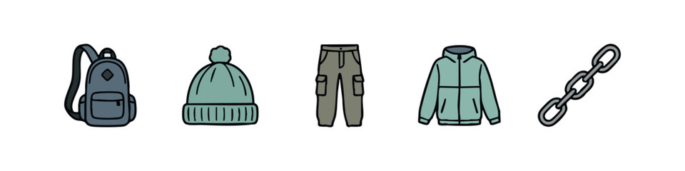 Outdoor Gear and Apparel Set with Backpack Beanie Cargo Pants Windbreaker and Chain © liubomir118809