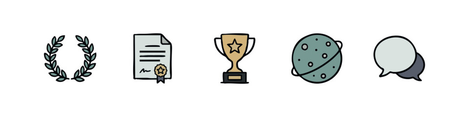 Success and Communication Icons with Laurel Wreath Trophy Certificate and Planet © liubomir118809