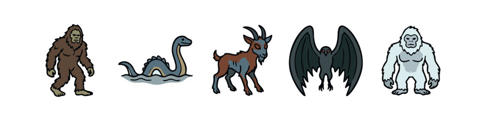 Obraz premium Cryptid and Mythical Creatures Set Featuring Bigfoot Loch Ness Monster and Mothman