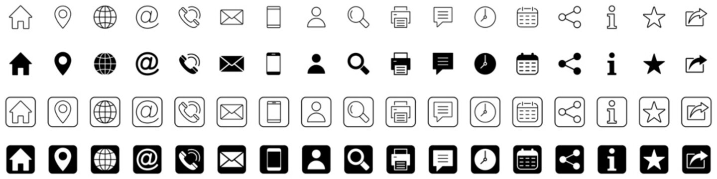 Large set of icons for web design and interfaces. Graphic symbols of navigation, communication, profile, and settings in black and white colors. Vector illustration.