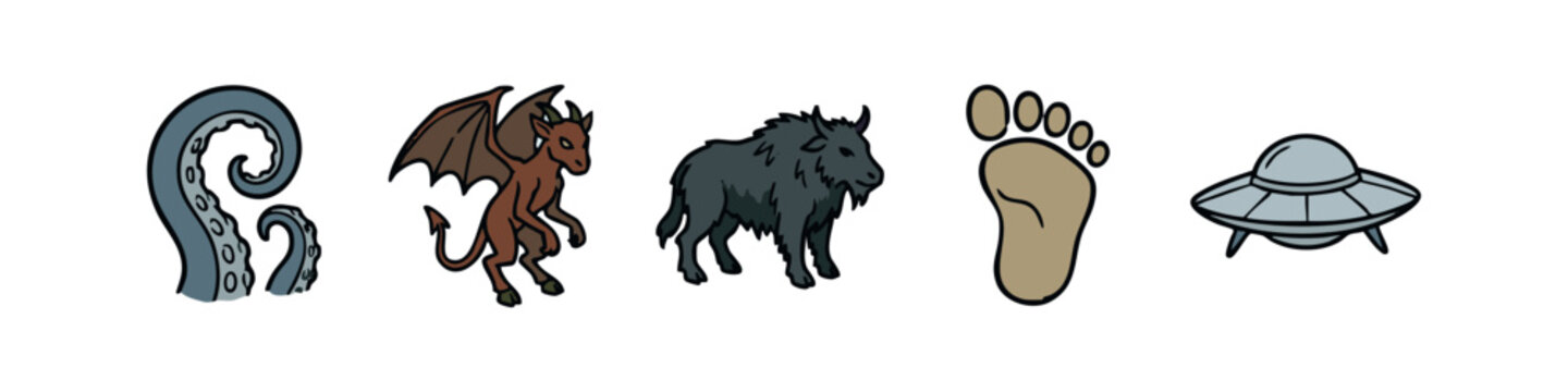 Paranormal and Fantasy Icons with Kraken Tentacle Gargoyle Monster Footprint and UFO