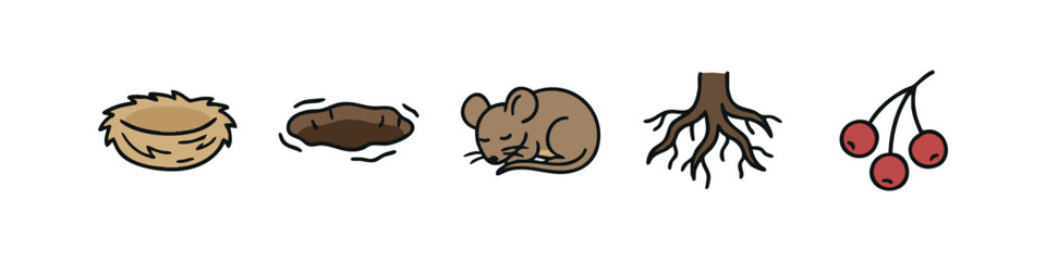 Fototapeta premium Collection of Nature Icons including Bird Nest, Animal Burrow, Sleeping Mouse, and Roots