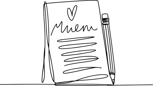 Elegant single-line drawing of a love note, a heart, and a pencil, capturing the essence of affection and thoughtful communication