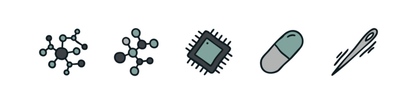 Biotech and Medical Icons featuring Molecules, Bio Processor, Pill, and Micro Needle
