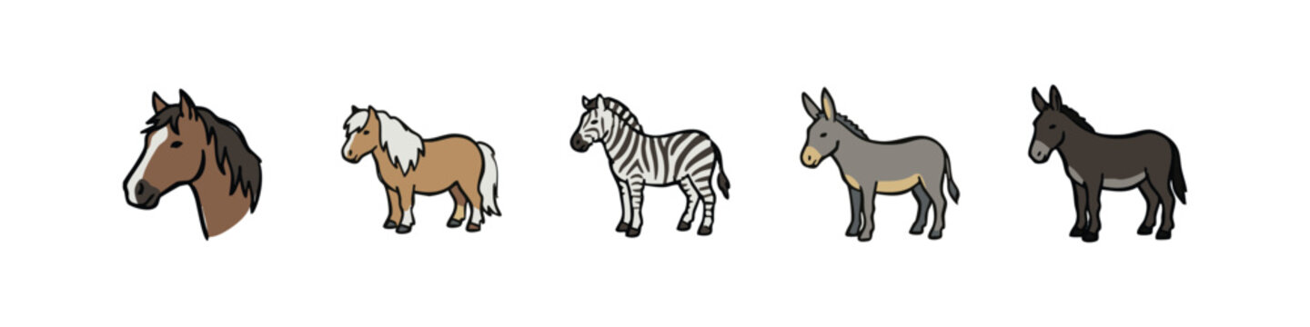 Set of Horse and Equine Icons featuring Stallion Head, Pony, Zebra, and Donkey