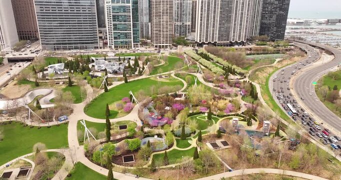  Aerial View of Maggie Daley Park in Spring &ndash; Downtown Chicago Skyline and Blooming Green Landscape on April 15 2026 