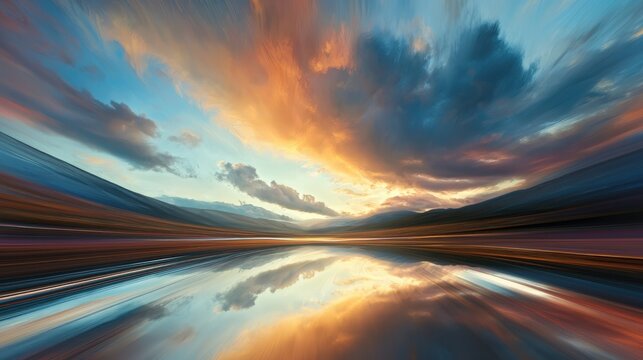 Abstract surreal landscape with motion blur and sunset sky reflection