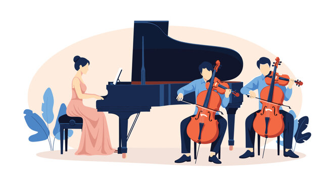 Group of talented musicians perform a classical music piece with a grand piano and two cellos in a sophisticated indoor setting.