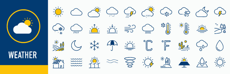 Obraz premium flat design weather icons set with sun, rain, snow, wind, and temperature symbols on dark blue background