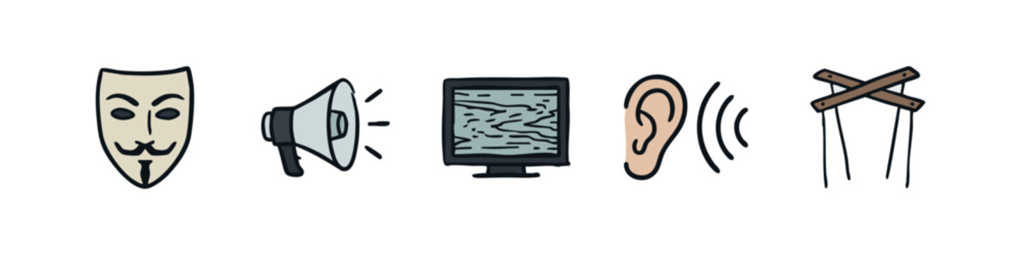 Five hand-drawn icons illustrating concepts of anonymity, communication, and media.