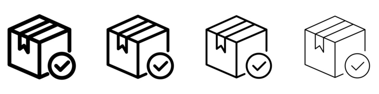 Set of linear icons of a received parcel with a confirmation check mark. Minimalist symbols of successful delivery, product receipt, and completed order. Vector illustration.