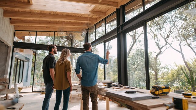 Professional home renovation consultation inside a modern house with contractor and homeowners discussing interior design and remodeling plans