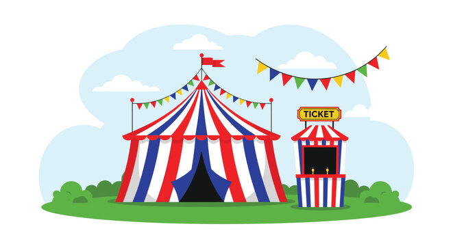 Colorful circus tent with red and blue stripes stands on a green field next to a ticket booth with festive bunting flags in the sky.