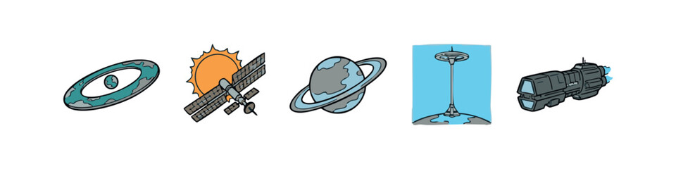Futuristic Space Exploration Icon Set with Satellite Planet and Space Elevator © liubomir118809