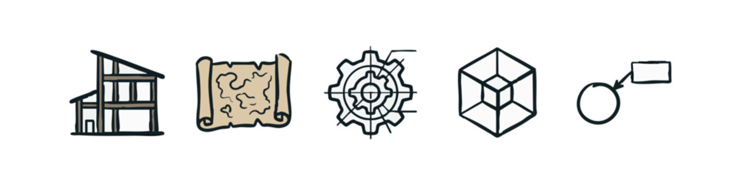 Collection of Hand-drawn Structural and Planning Icons with Map Gear and Cube Diagram