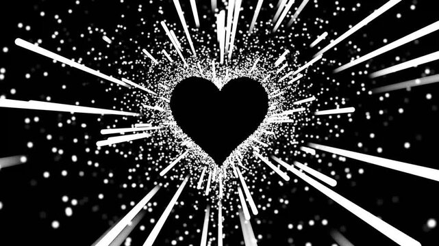 Fast moving light white lines magic heart shape made of particles and bright rays flying in a tunnel on black screen background. valentine's day, mother's day, love and marriage concept. 4k