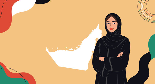 Portrait of a confident woman in a black hijab and abaya stands in front of a map of the united arab emirates with abstract patterns.