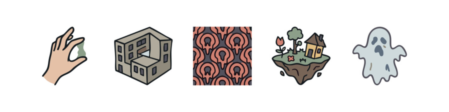 Whimsical and Mysterious Icon Set with Optical Illusion Building Floating Island and Ghost