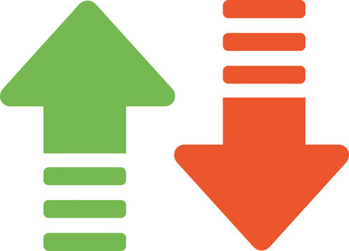 Up and down arrow icon set, contrasting green increase and red decrease arrows with lines for business analytics stock trend and market performance graphics.